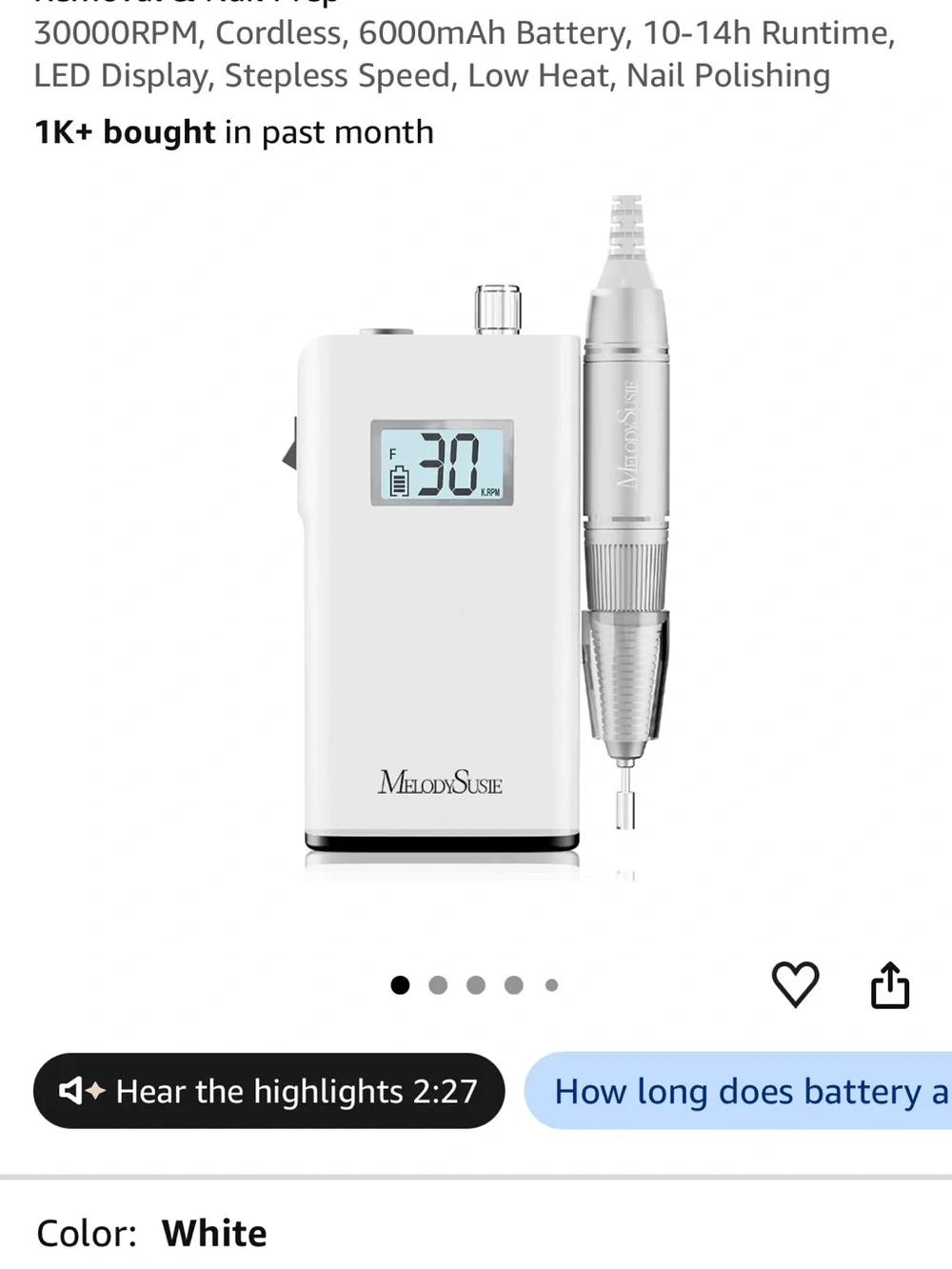 MelodySusie Portable Clip-On Nail Drill SC320H for Gel Removal & Nail Prep